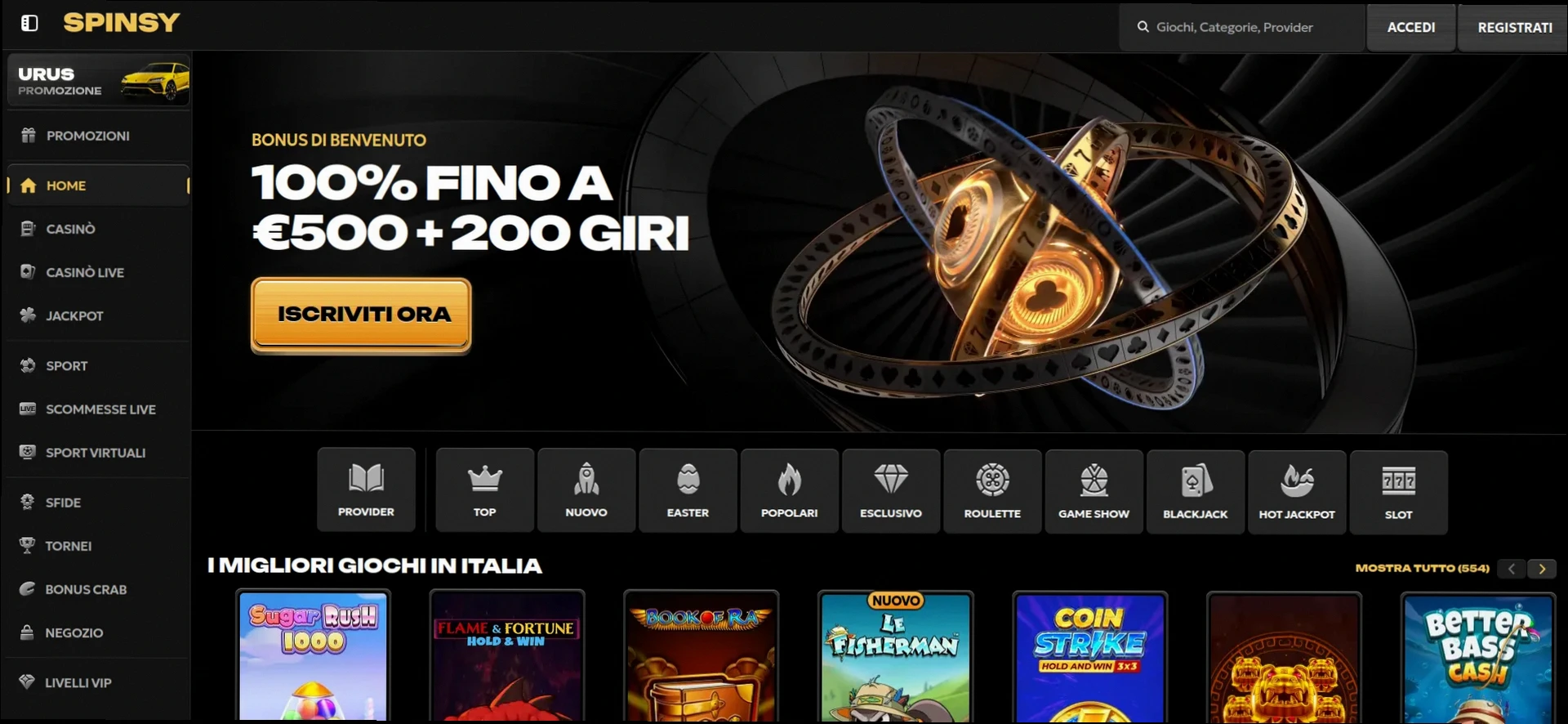 Spinsy Casino Bonus 120% fino a €500 + 200 Giri Gratuiti